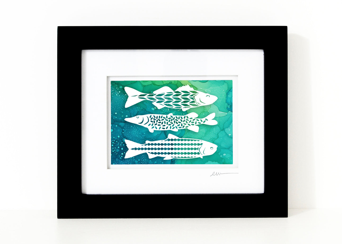 Three Fish — Framed Papercut Shadowbox · Original Signed Art