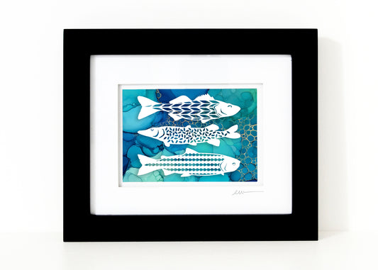 Three Fish — Framed Papercut Shadowbox · Original Signed Art