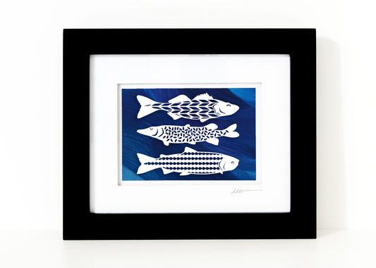 Three Fish — Framed Papercut Shadowbox · Original Signed Art