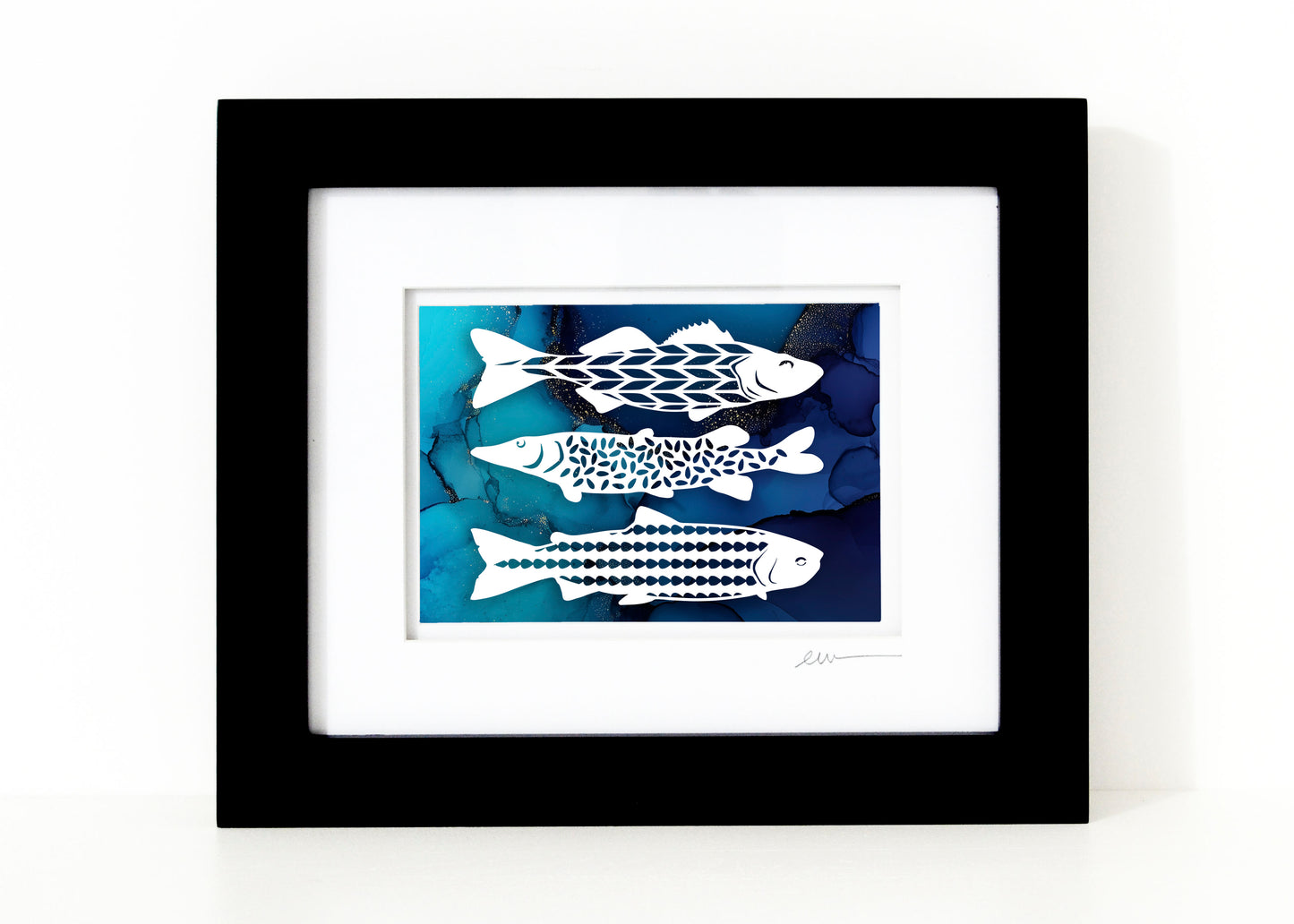 Three Fish — Framed Papercut Shadowbox · Original Signed Art