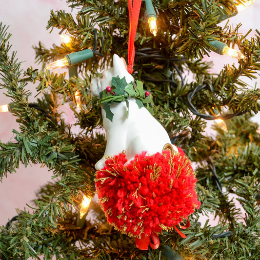 Holly Dog Ceramic Pom Pom Ornament