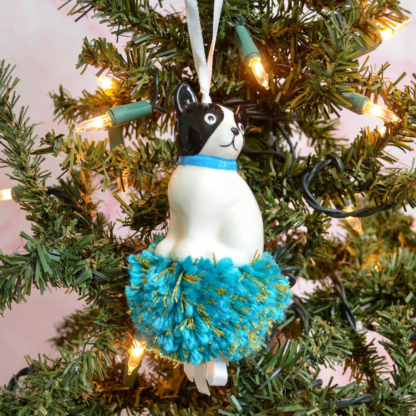 Blue Dog Ceramic Pom Pom Ornament