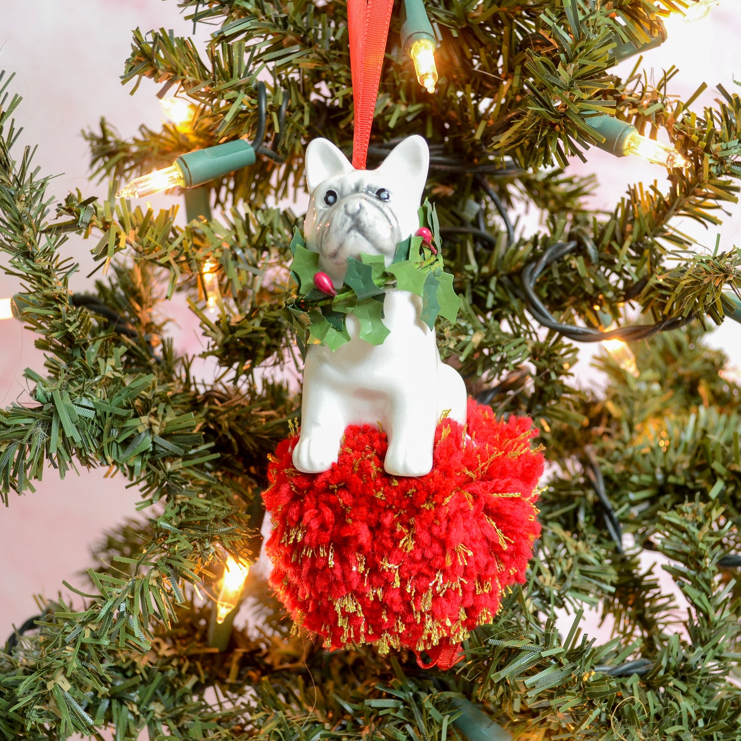 Holly Dog Ceramic Pom Pom Ornament