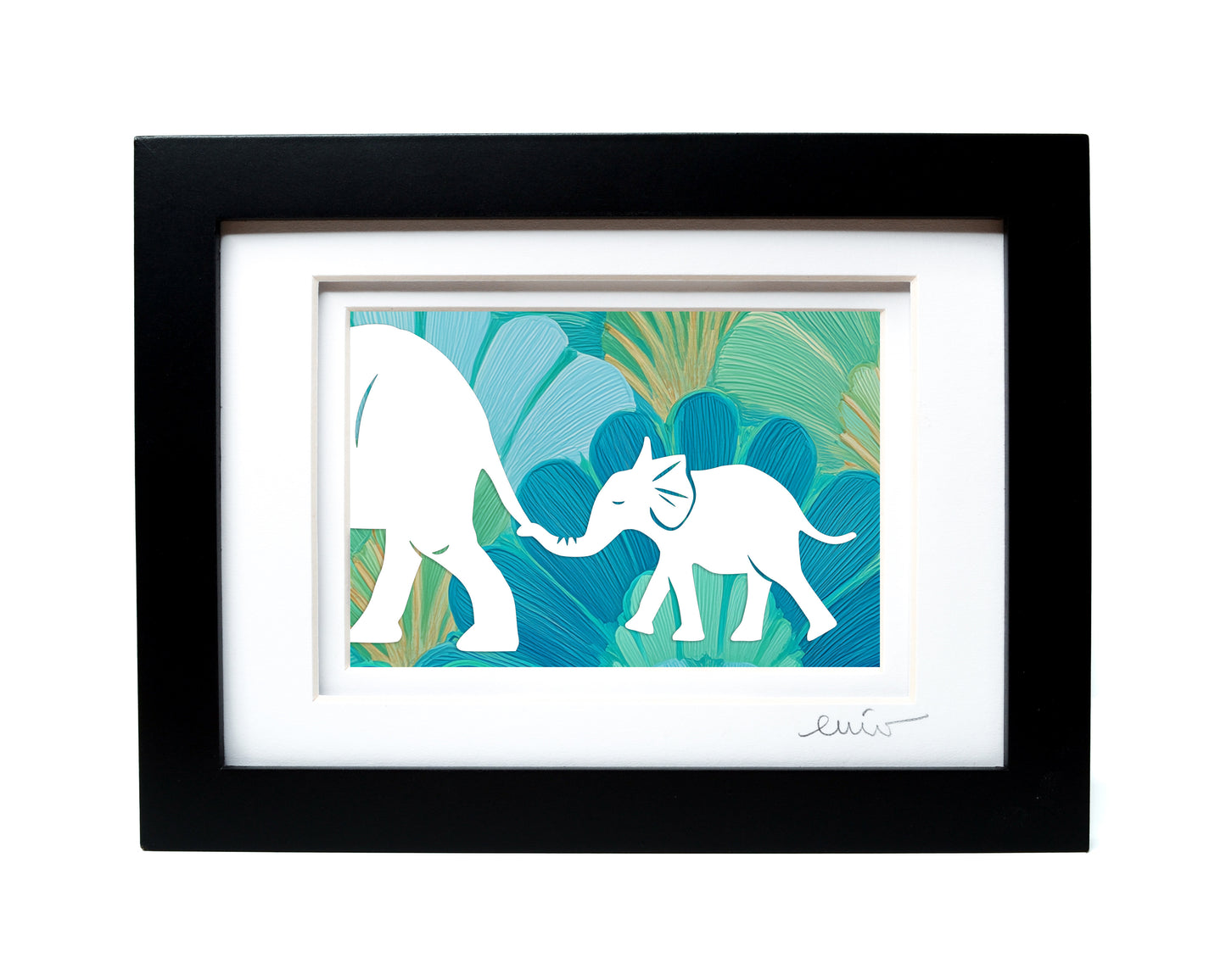Elephant and Baby — Framed Papercut Shadowbox · Original Signed Art