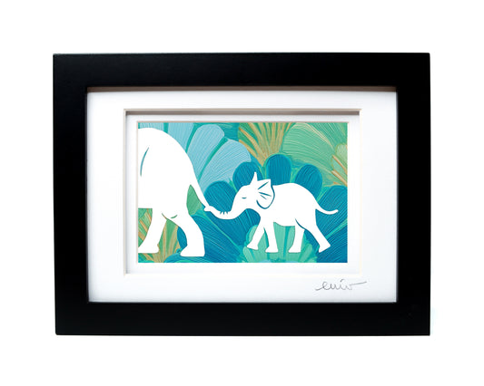Elephant and Baby — Framed Papercut Shadowbox · Original Signed Art