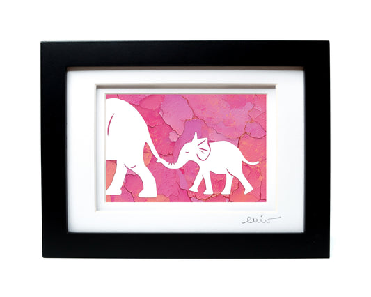 Elephant and Baby — Framed Papercut Shadowbox · Original Signed Art