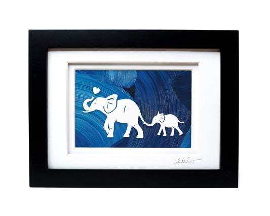 Elephant and Baby Full — Framed Papercut Shadowbox · Original Signed Art