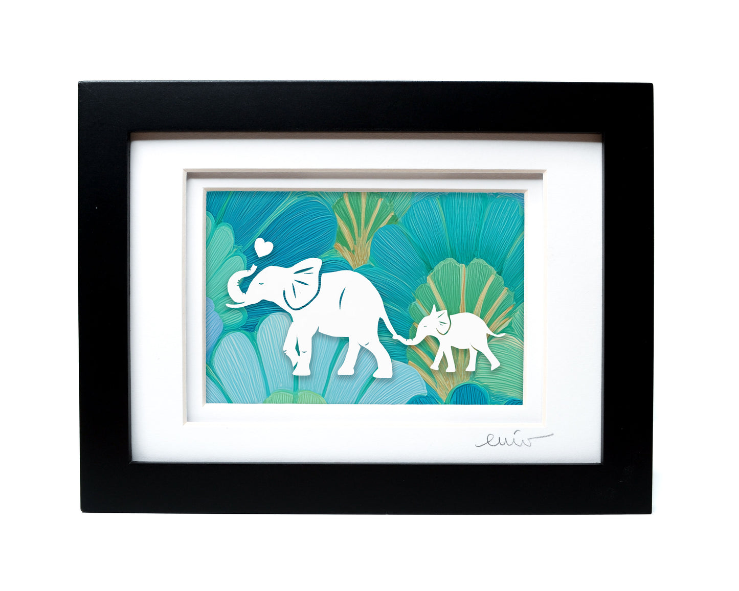 Elephant and Baby Full — Framed Papercut Shadowbox · Original Signed Art