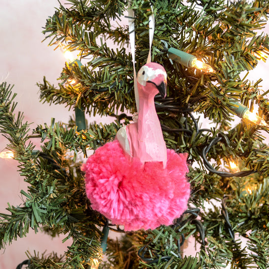 Flamingo Wood Pom Pom Ornament