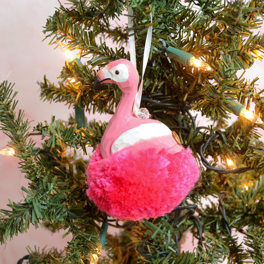 Flamingo Wood Pom Pom Ornament