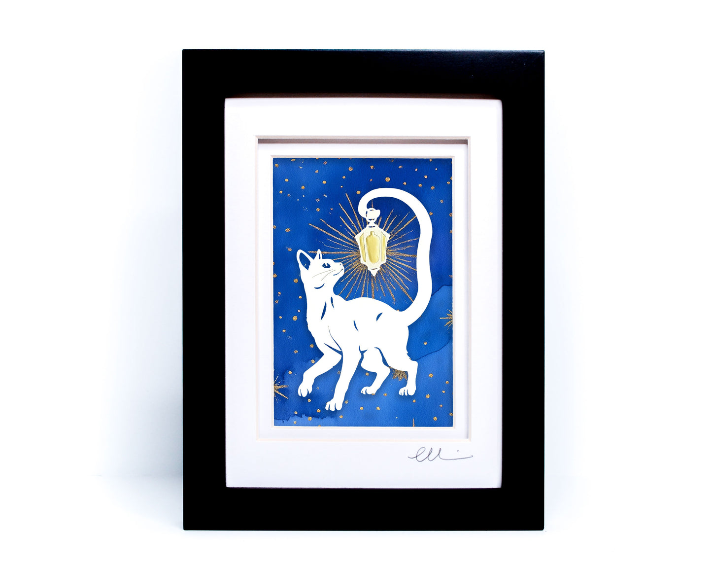 Lantern Cat — Framed Papercut Shadowbox · Original Signed Art
