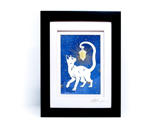 Lantern Cat — Framed Papercut Shadowbox · Original Signed Art
