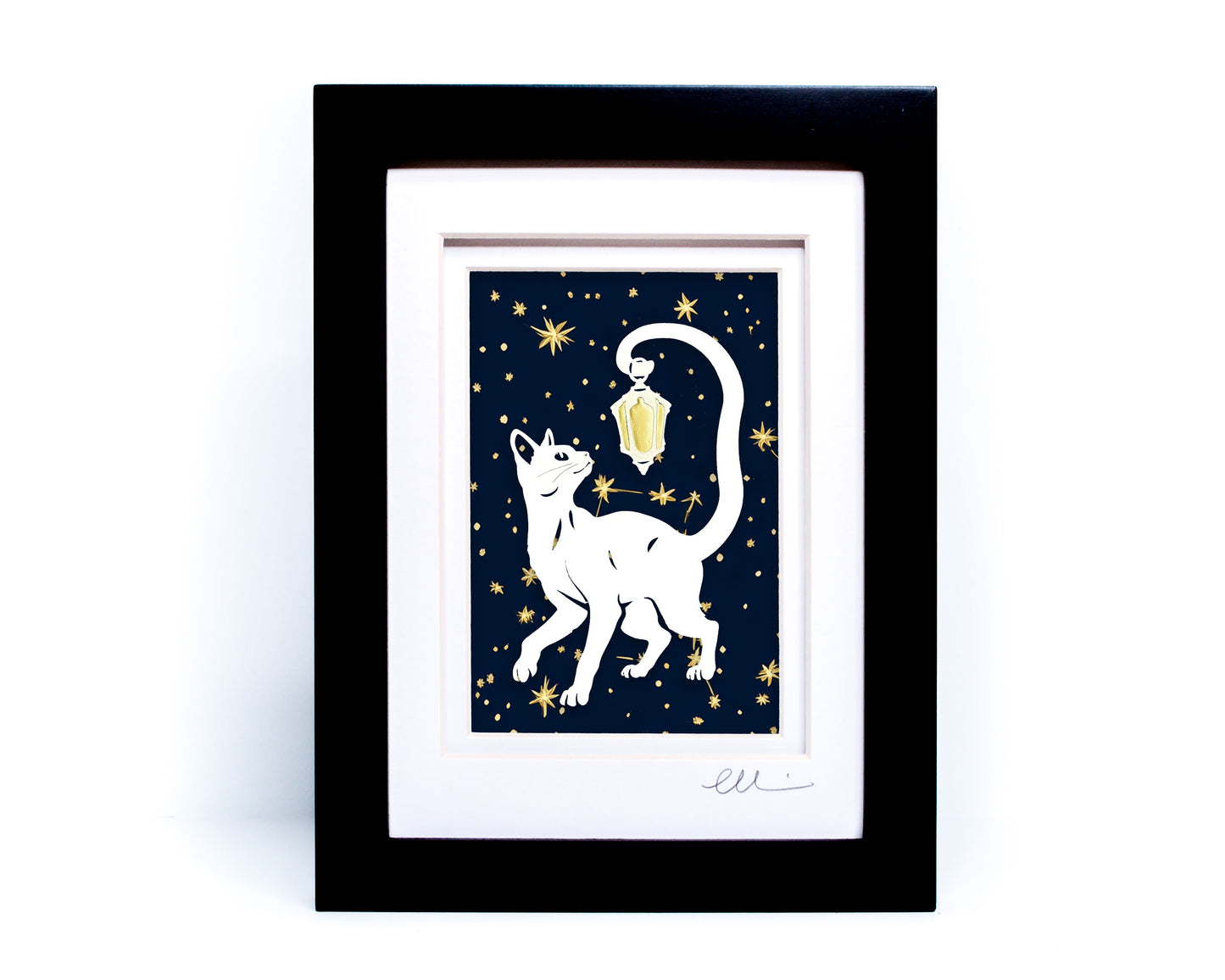 Lantern Cat — Framed Papercut Shadowbox · Original Signed Art