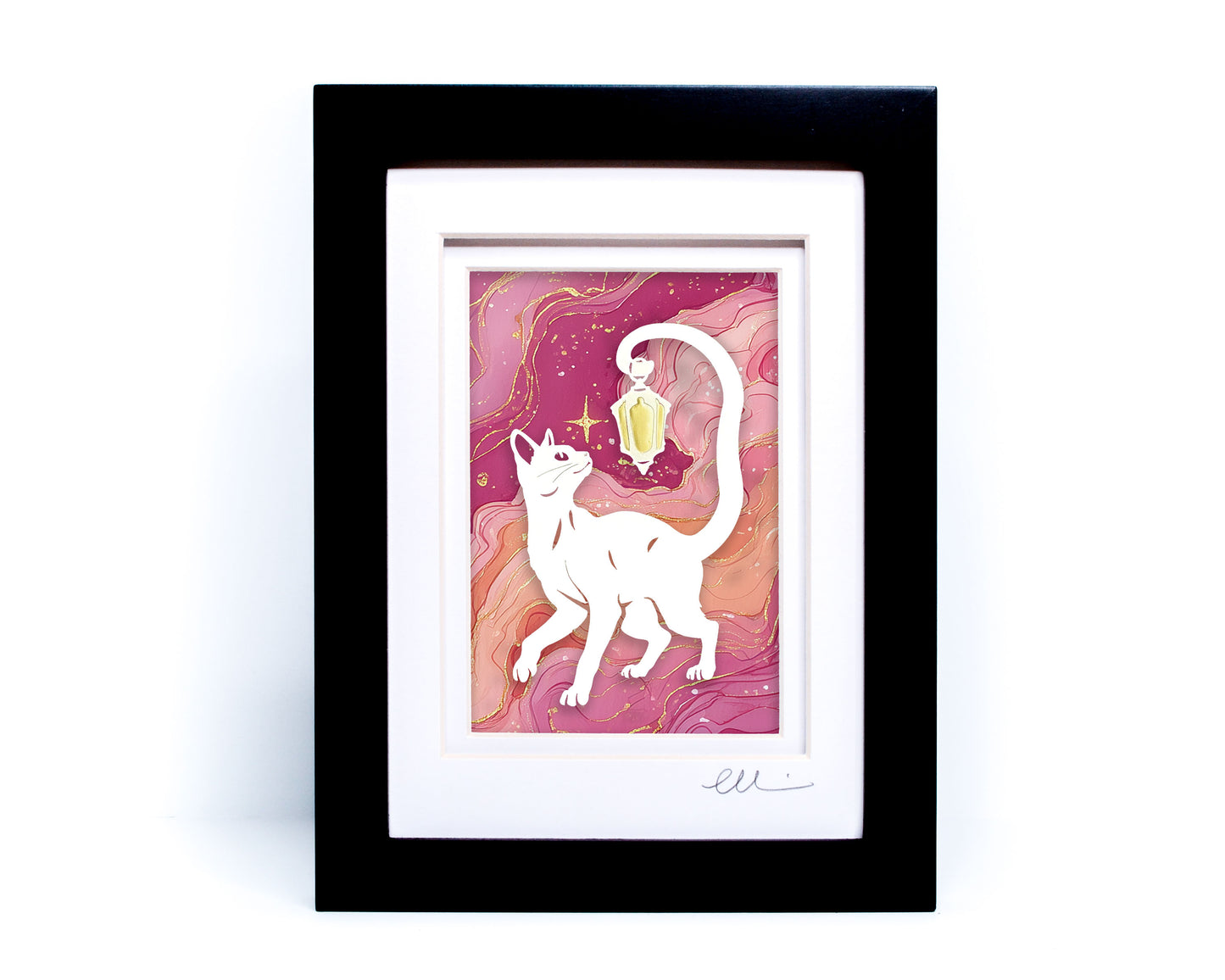 Lantern Cat — Framed Papercut Shadowbox · Original Signed Art