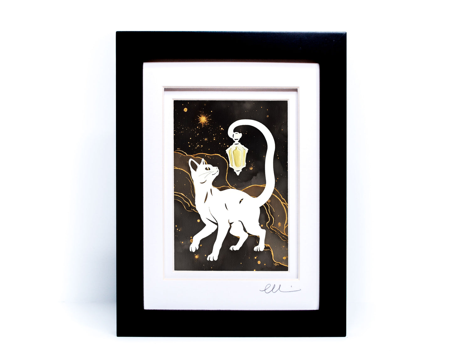 Lantern Cat — Framed Papercut Shadowbox · Original Signed Art