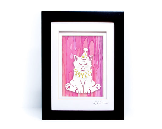 Party Cat — Framed Papercut Shadowbox · Original Signed Art