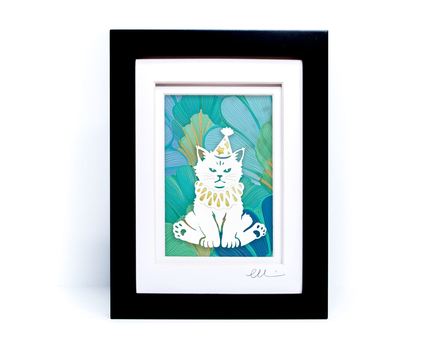 Party Cat — Framed Papercut Shadowbox · Original Signed Art