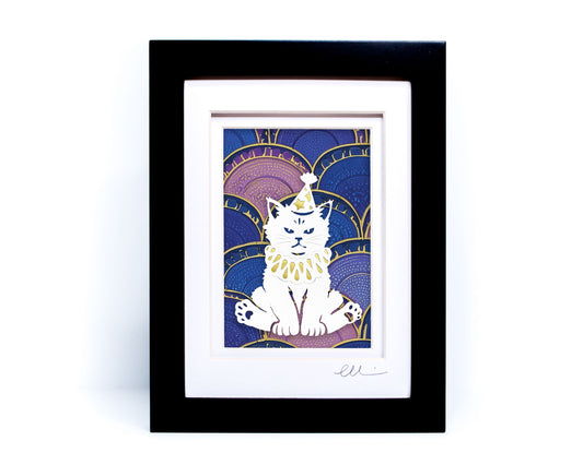 Party Cat — Framed Papercut Shadowbox · Original Signed Art