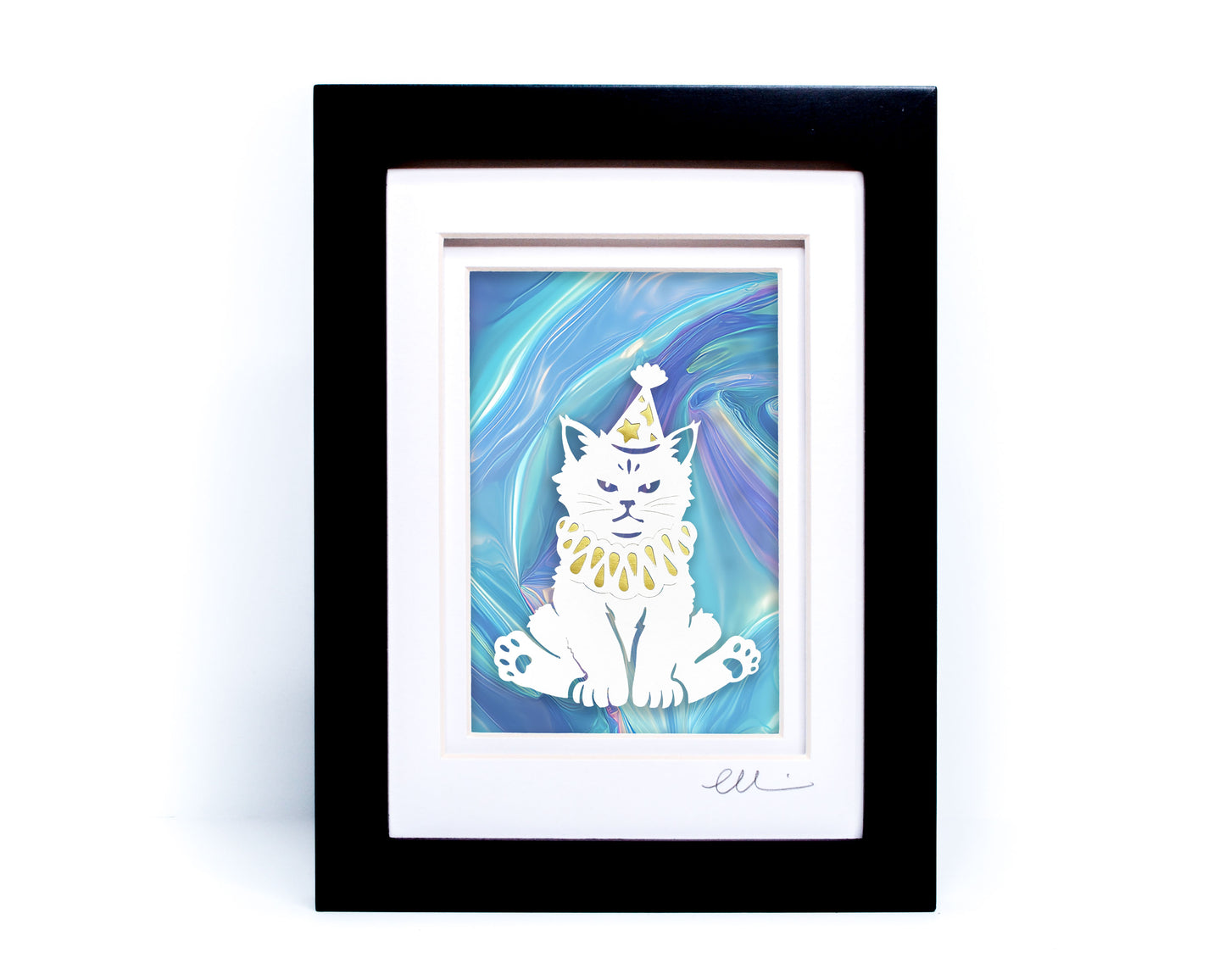 Party Cat — Framed Papercut Shadowbox · Original Signed Art