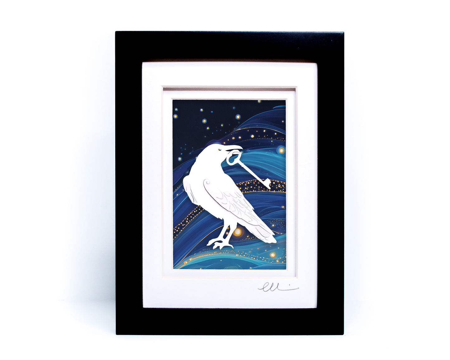 Raven with Key — Framed Papercut Shadowbox · Original Signed Art