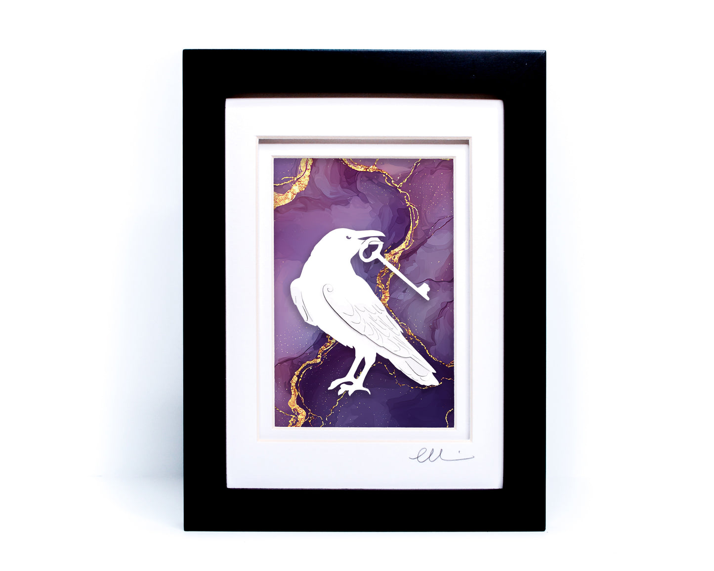 Raven with Key — Framed Papercut Shadowbox · Original Signed Art