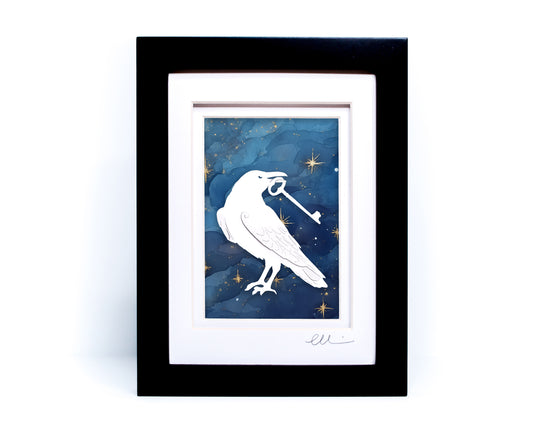 Raven with Key — Framed Papercut Shadowbox · Original Signed Art
