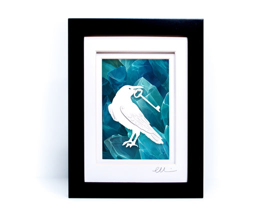Raven with Key — Framed Papercut Shadowbox · Original Signed Art