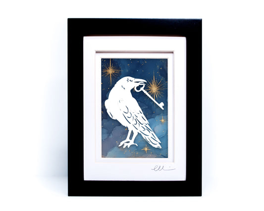 Raven with Key — Framed Papercut Shadowbox · Original Signed Art