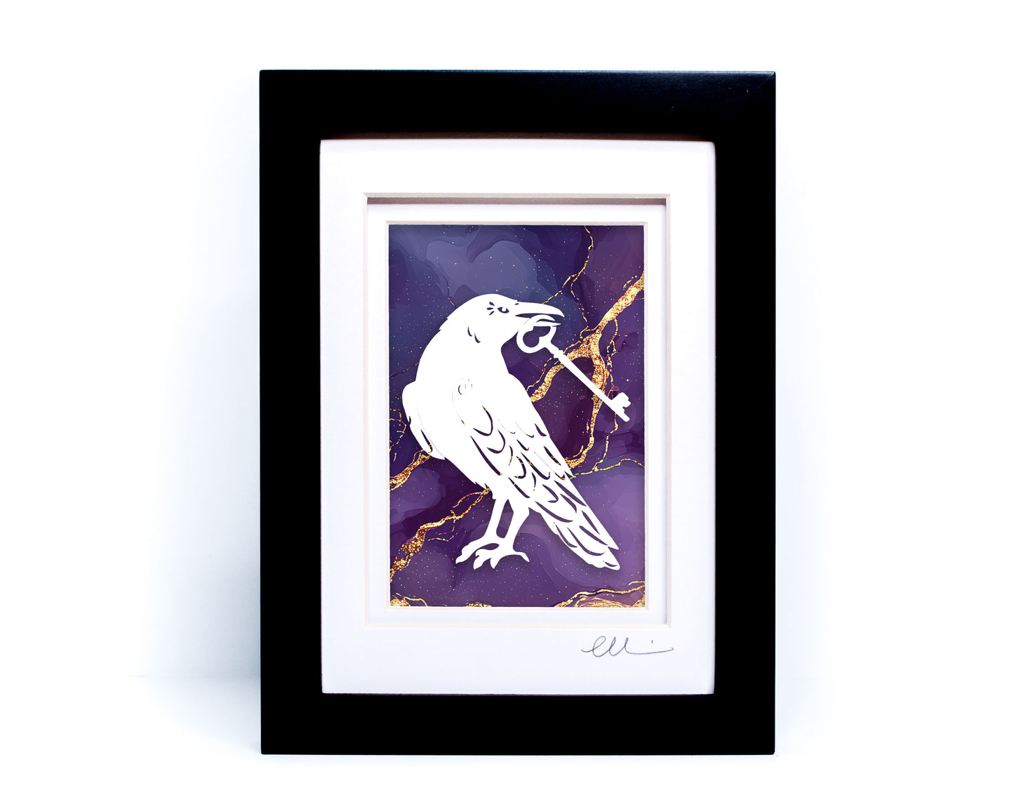 Raven with Key — Framed Papercut Shadowbox · Original Signed Art