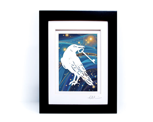Raven with Key — Framed Papercut Shadowbox · Original Signed Art