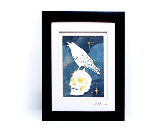 Raven Skull — Framed Papercut Shadowbox · Original Signed Art