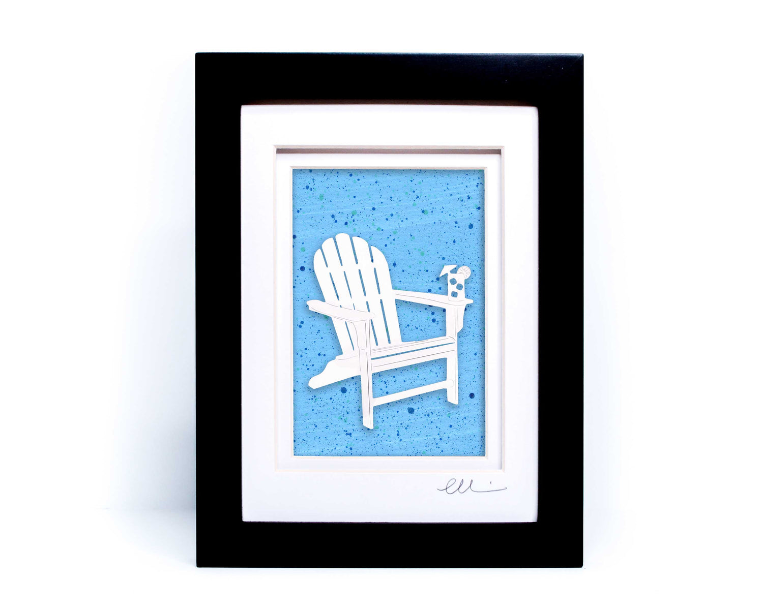 White beach adirondack chair with drink on chair arm papercut on hand painted light blue splattered background. 