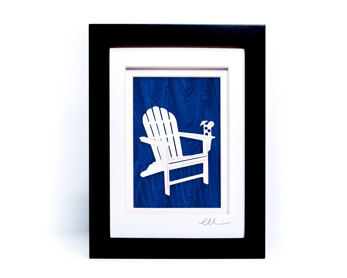 White beach adirondack chair with drink on chair arm papercut on hand painted blue wave background. 