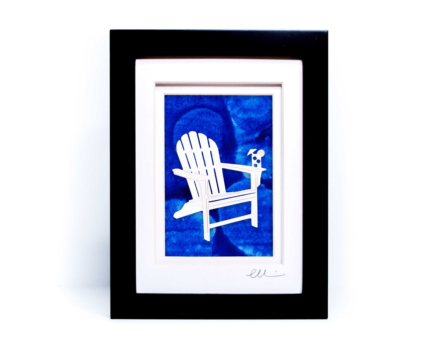 White beach adirondack chair with drink on chair arm papercut on hand painted blue bubble background. 