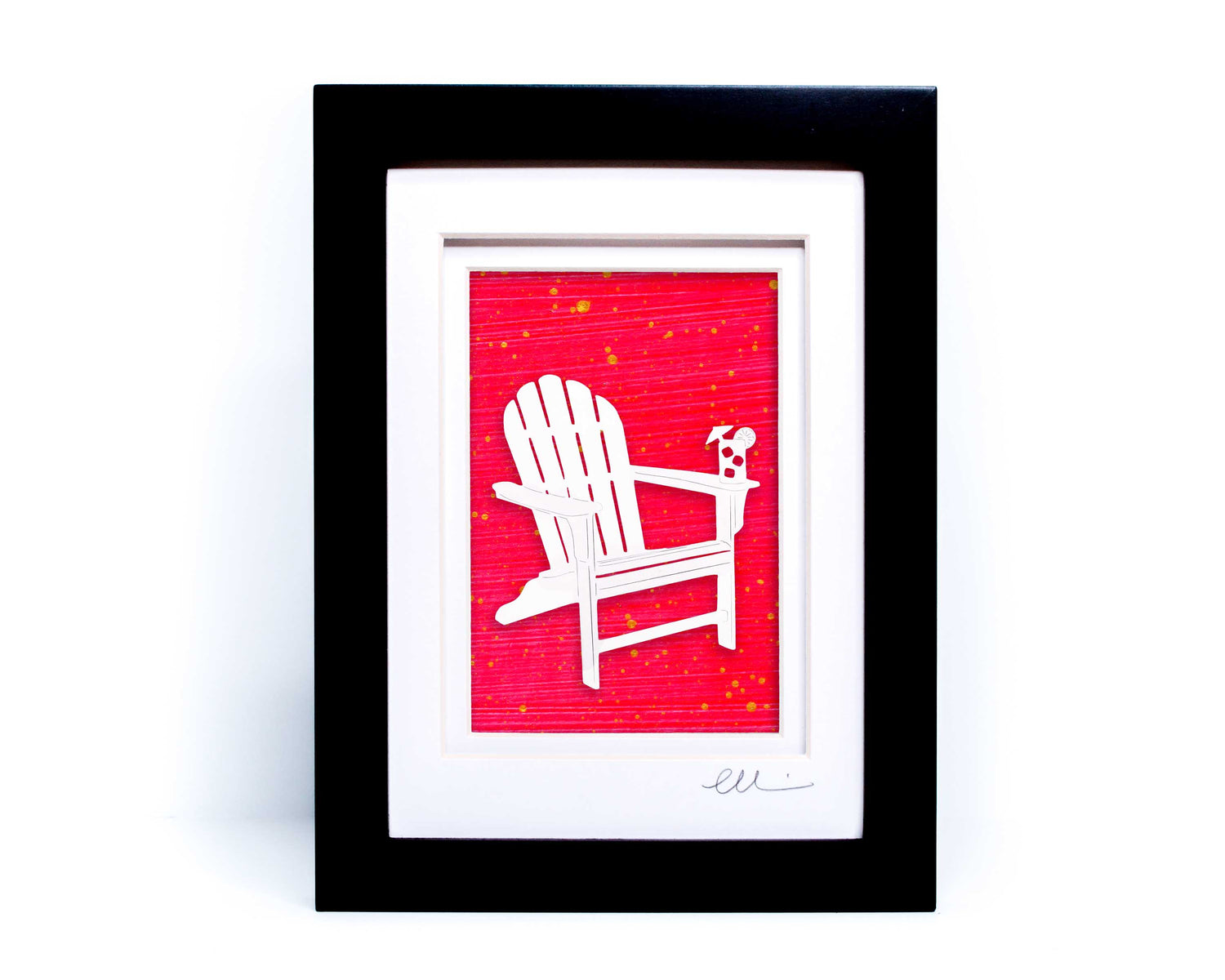 White beach adirondack chair with drink on chair arm papercut on hand painted neon pink background. 