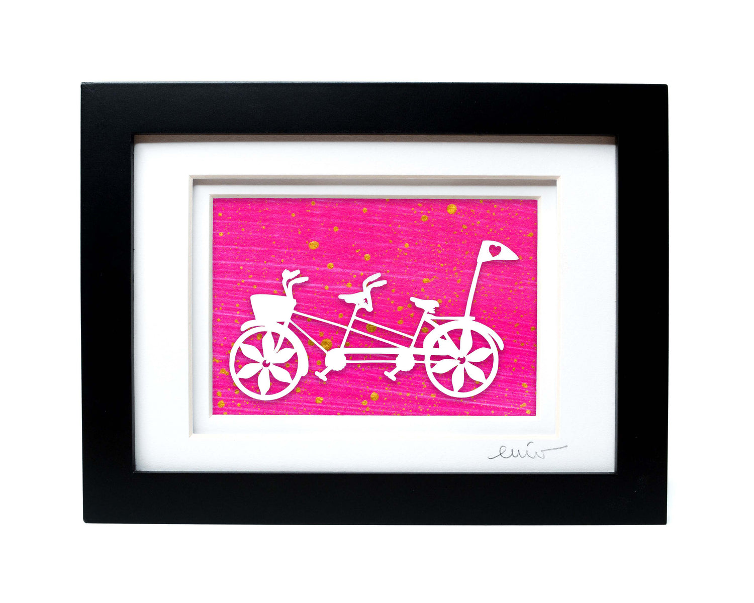White tandem couples bike with heart flag papercut on hand painted pink background.