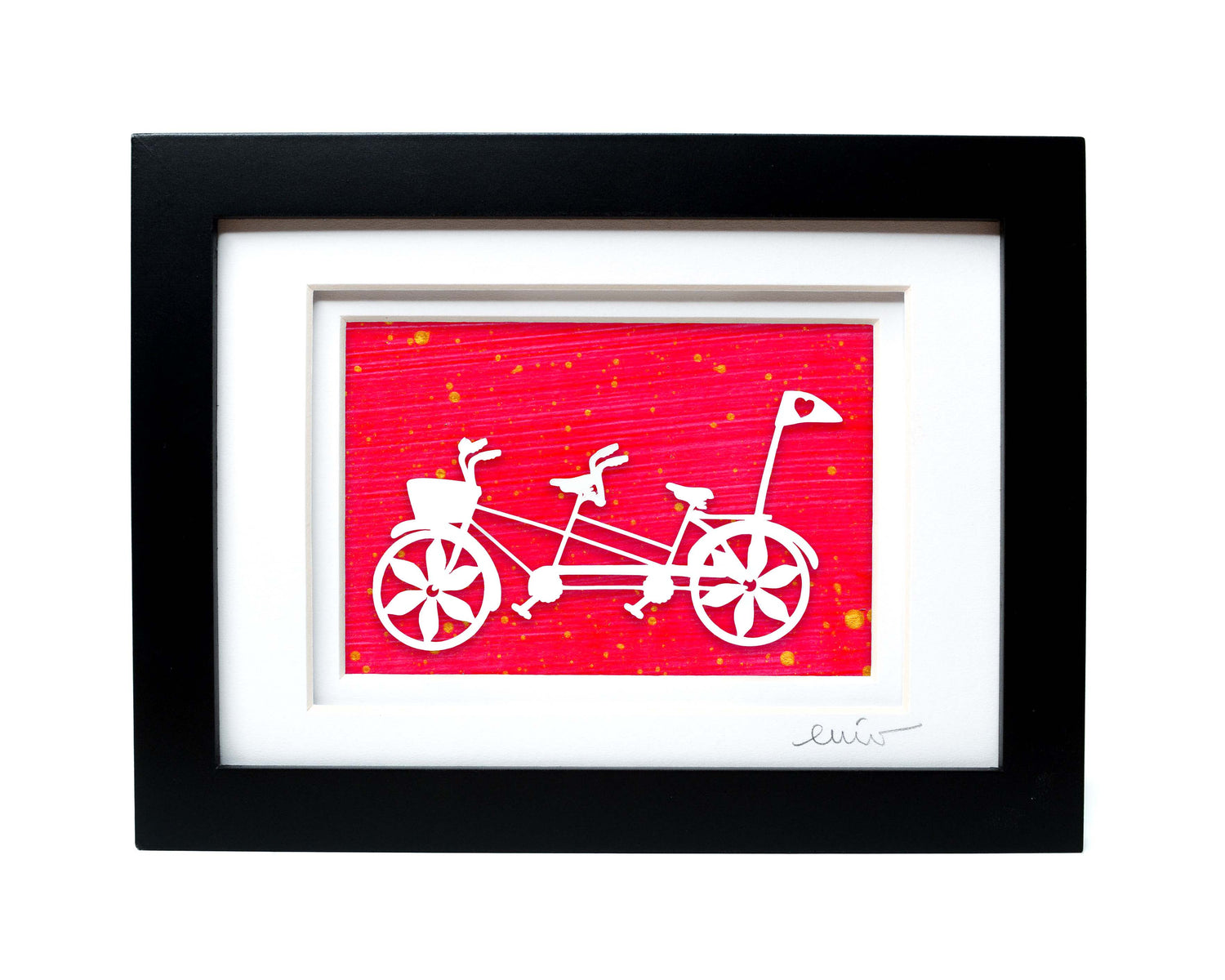 White tandem couples bike with heart flag papercut on hand painted neon pink background.