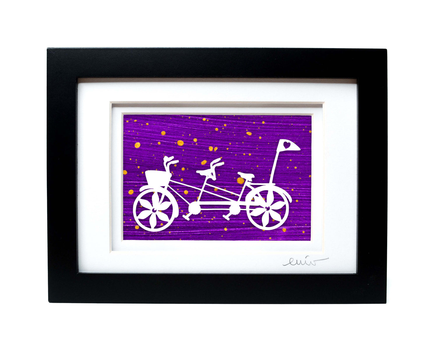 White tandem couples bike with heart flag papercut on hand painted purple background.