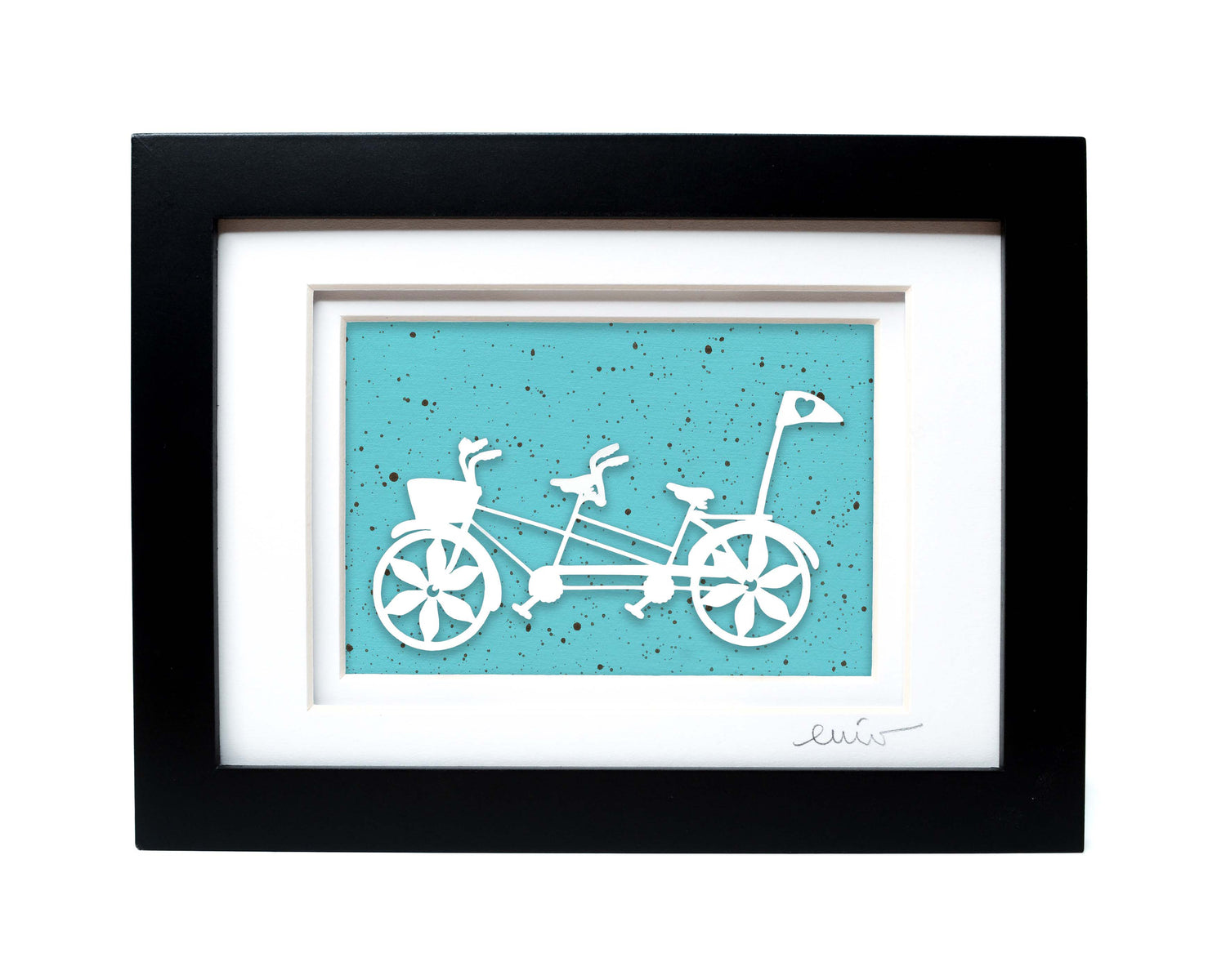 White tandem couples bike with heart flag papercut on hand painted robins egg background.