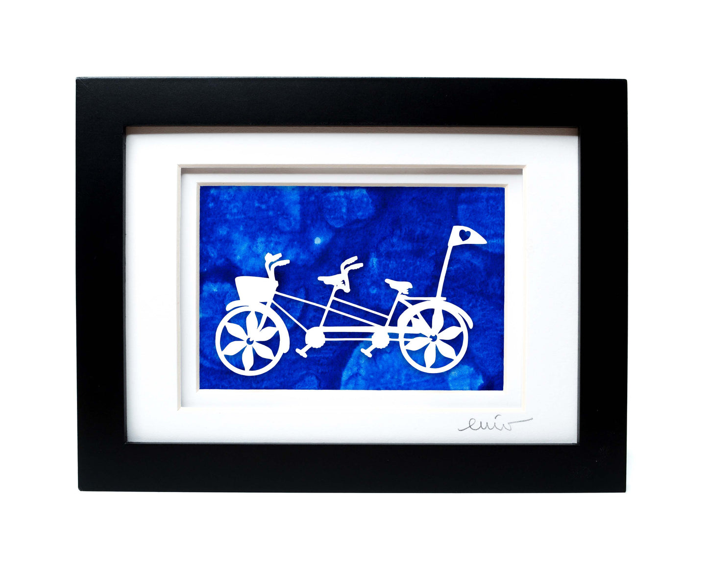 White tandem couples bike with heart flag papercut on hand painted blue bubble background.